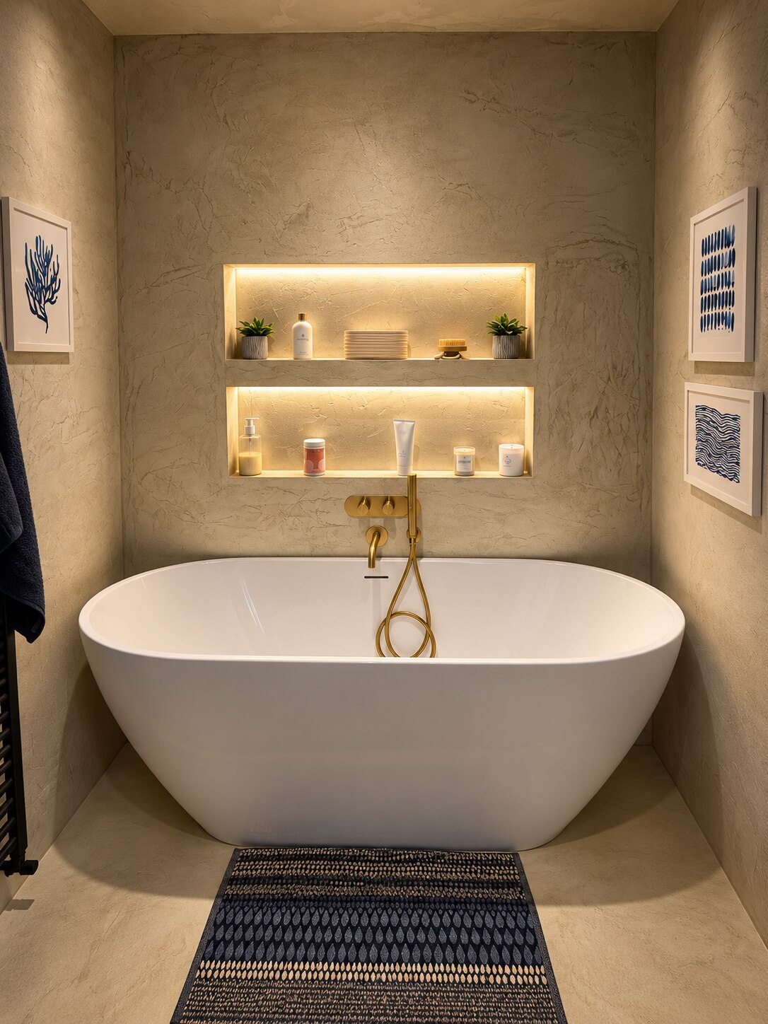 Create Solutions bathroom with a freestanding bath and illuminated recessed niches