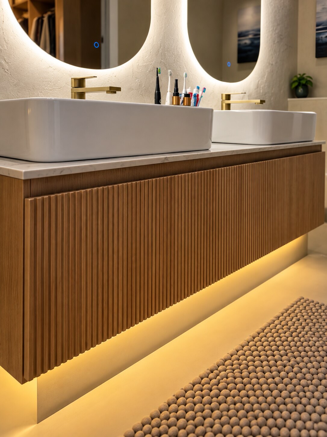 Create Solutions ribbed timber double vanity with illuminated mirrors