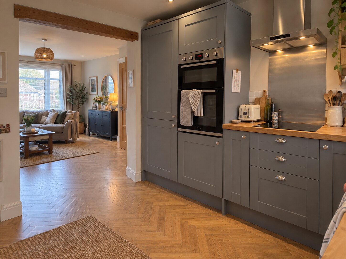 Create Solutions grey shaker kitchen opening into a furnished living room