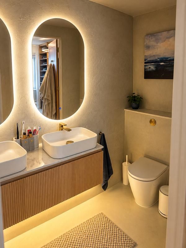 Ribbed timber vanity with basin, oval illuminated mirror and concealed WC
