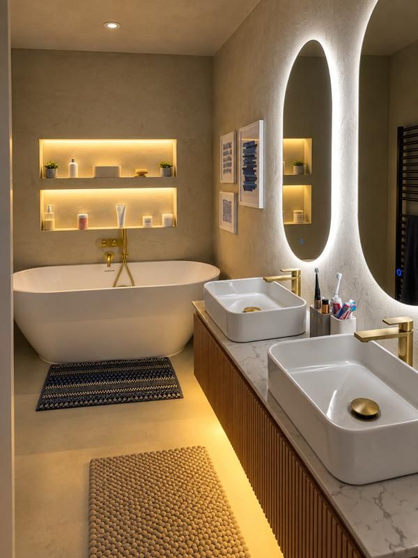 View across the bathroom to the freestanding bath and lit shelving niche