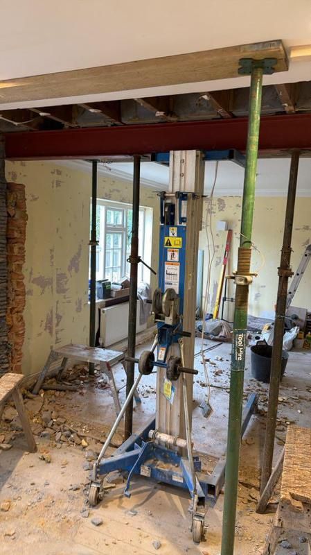 Temporary steel supports in place during structural works