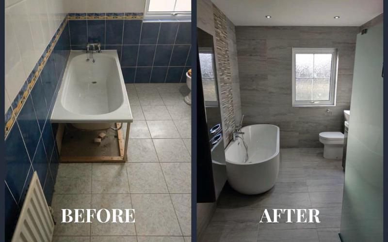 Before-and-after image of a bathroom: blue tiles before, grey tiles and freestanding bath after