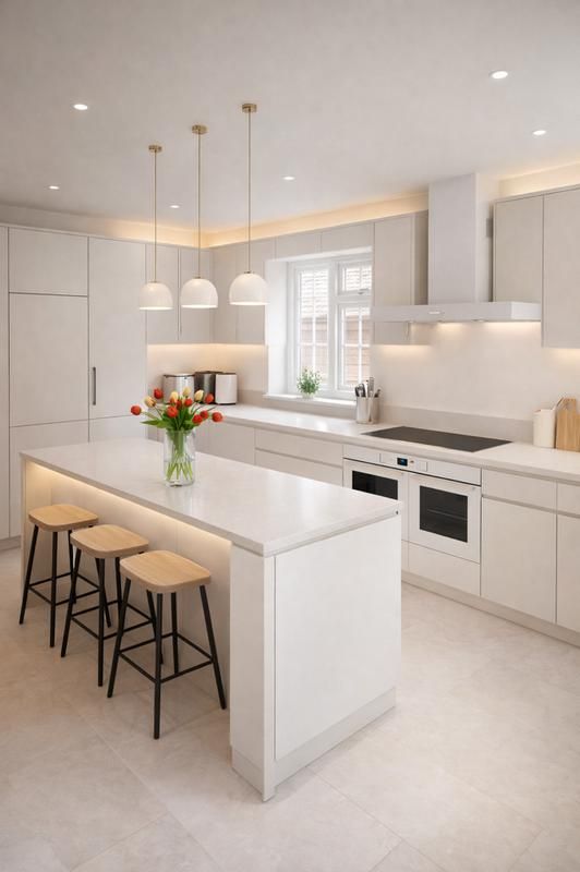 White kitchen with a breakfast bar and three pendant lights