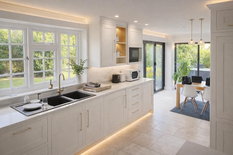 White kitchen run beneath windows with under-cabinet lighting